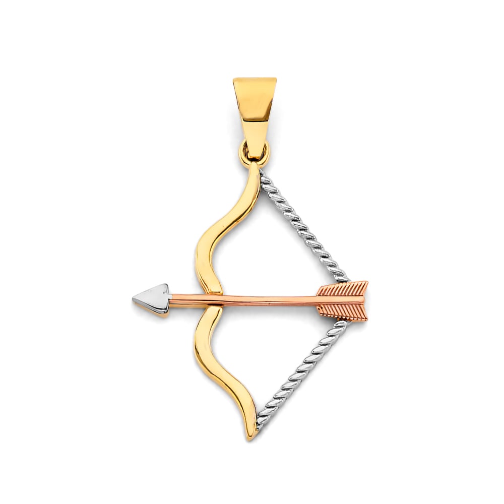 14K 3C BOW & ARROW PENDANT: 14K 3C Bow & Arrow Pendant Type: Pendant Material Type: 14k Gold Material Color: Tri Color Avg. Weight: 1.05 Gr. Size: Height : 30 mm, Width : 18 mm Accessories: None Notice: When purchasi