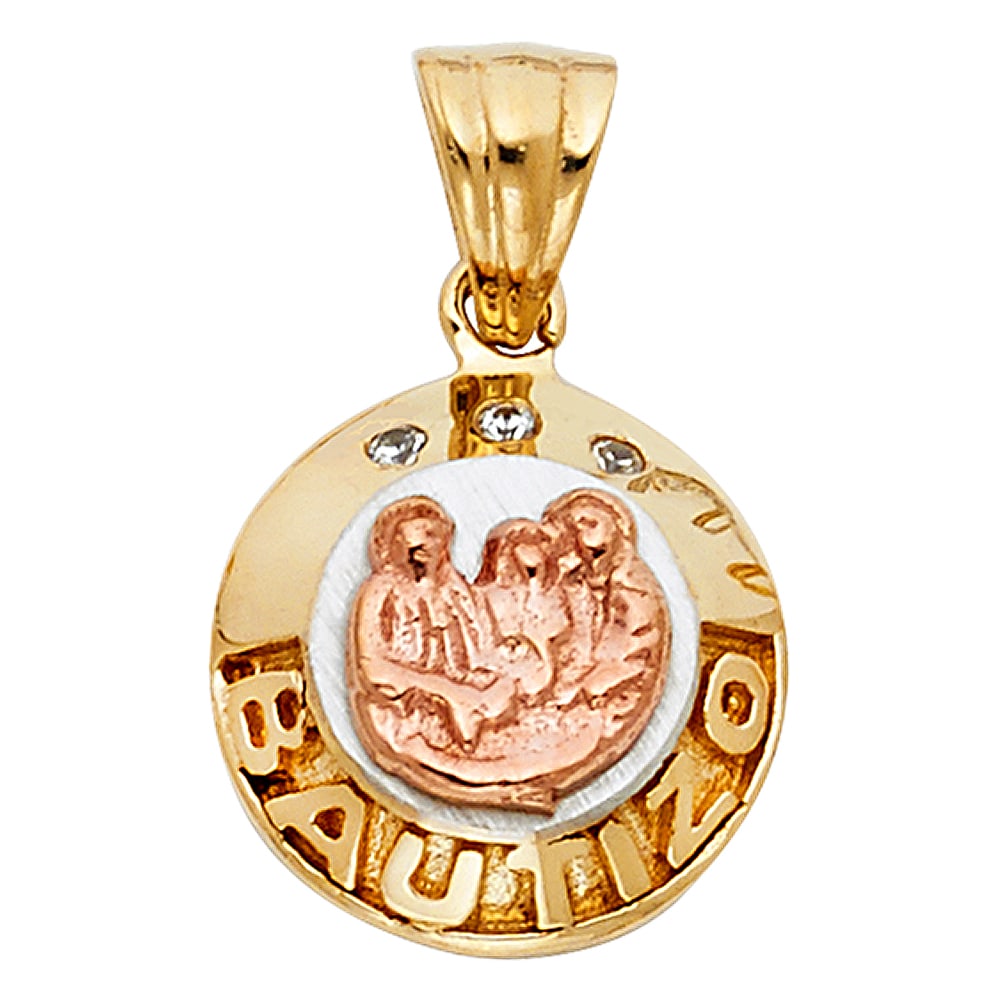 14K 2T BAPTISM PENDANT: 14K 2T Baptism Pendant Type: Pendant Material Type: 14k Gold Material Color: Two Tone Avg. Weight: 2.59 Gr. Size: Height : 14 mm,Width : 14 mm Accessories: None Notice: When purchasing pre