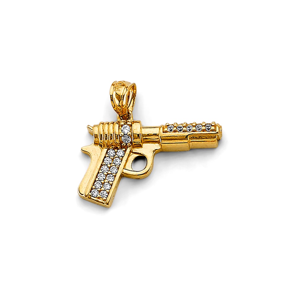 14K 2T CZ GUN PENDANT: 14K 2T CZ Gun Pendant Type: Pendant Material Type: 14k Gold Material Color: Two Tone Avg. Weight: 2.25 Gr. Size: Height : 15 mm, Width : 20 mm Accessories: None Notice: When purchasing pre