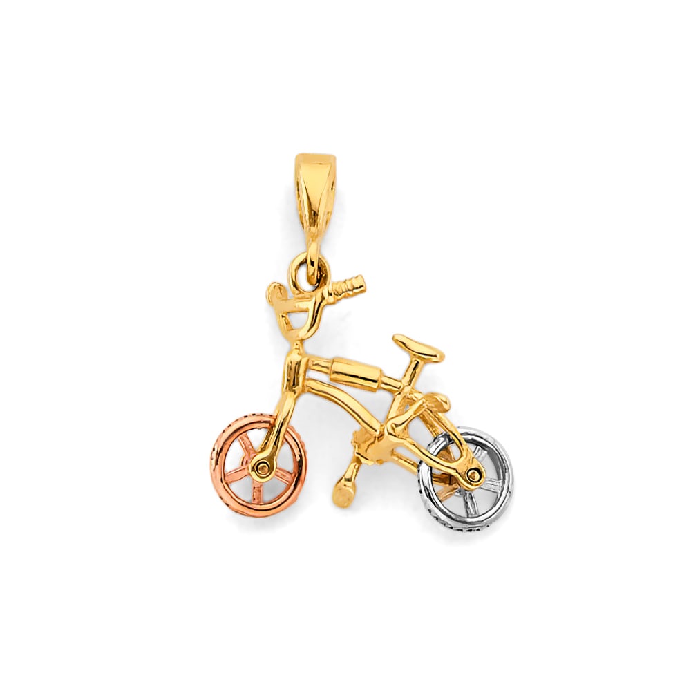 14K 3C BIKE PENDANT: 14K 3C Bike Pendant Type: Pendant Material Type: 14k Gold Material Color: Tri Color Avg. Weight: 1.52 Gr. Size: Height : 20 mm, Width : 18 mm Accessories: None Notice: When purchasing pre-
