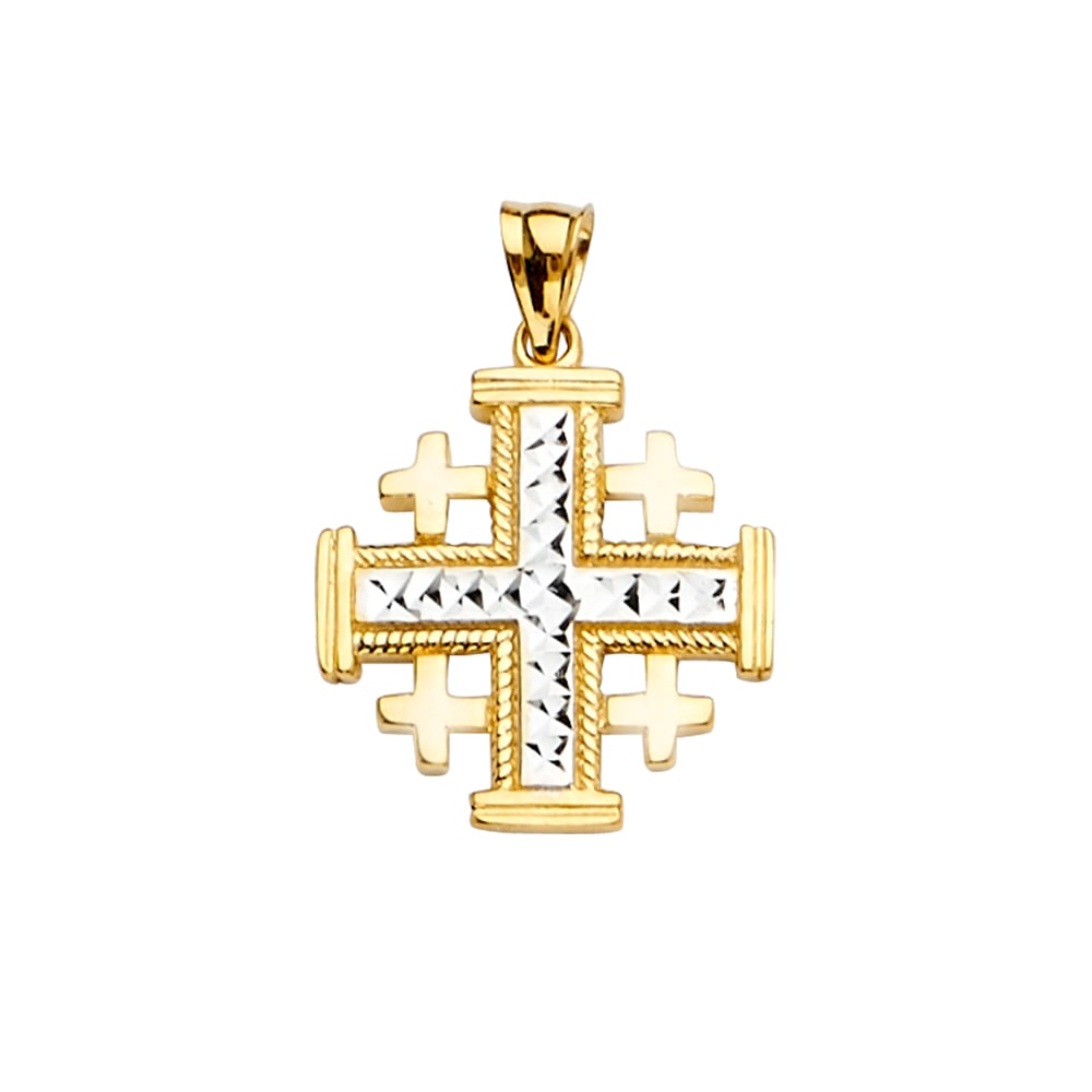 14K 2T JERUSALEMERALD CROSS PENDANT: 14K 2T JerusalEmerald Cross Pendant Type: Pendant Material Type: 14k Gold Material Color: Two Tone Avg. Weight: 3.3 Gr. Size: Height : 25 mm,Width : 18 mm Accessories: None Notice: When pu
