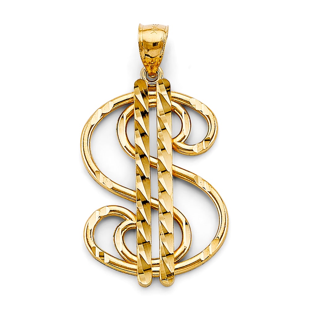 14KY DOLLAR SIGN PENDANT: 14KY Dollar Sign Pendant Type: Pendant Material Type: 14k Gold Material Color: Yellow Avg. Weight: 3.41 Gr. Size: Height : 40 mm, Width : 20 mm Accessories: None Notice: When purchasing pr