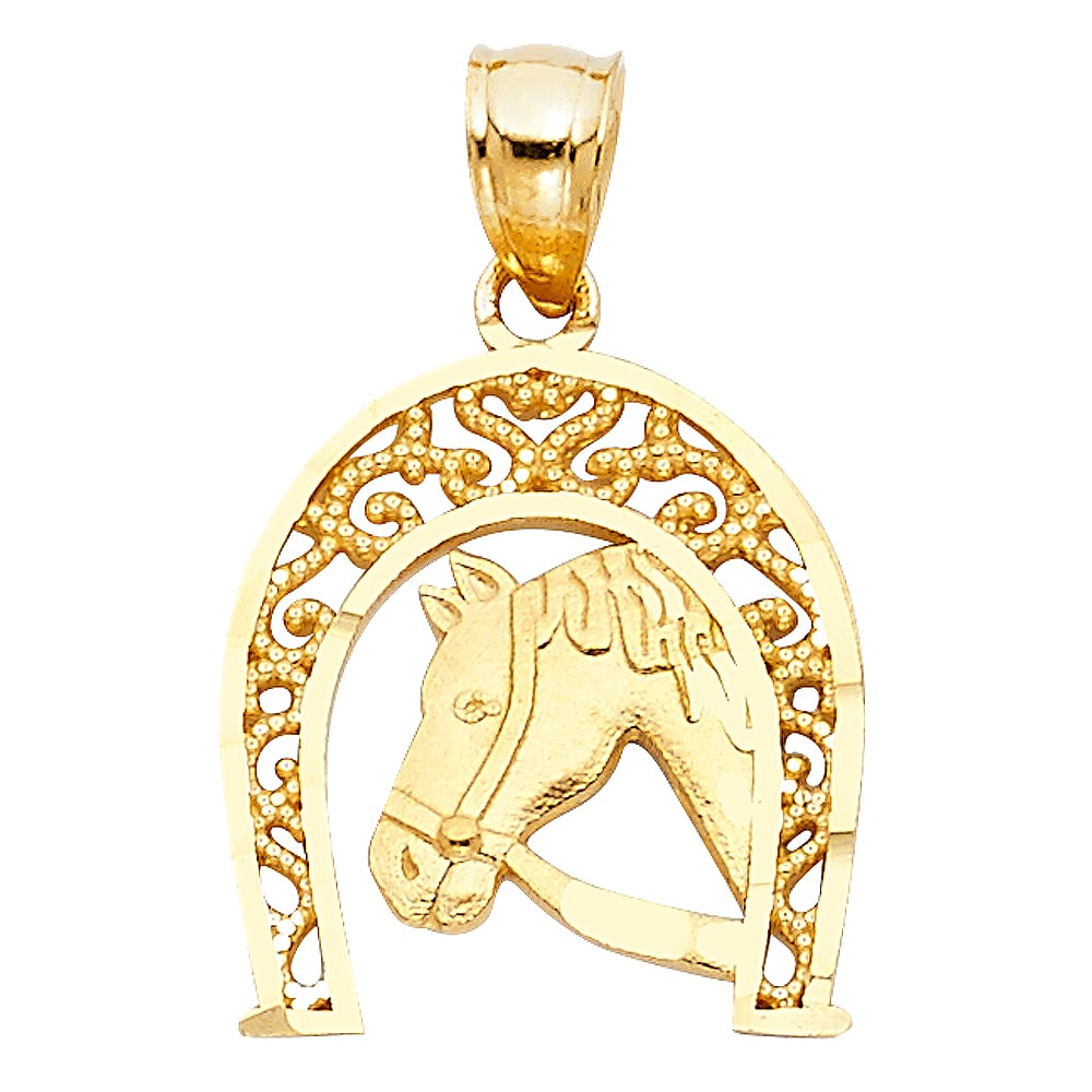 14KY LUCKY HORSE SHOE PENDANT: 14KY Lucky Horse Shoe Pendant Type: Pendant Material Type: 14k Gold Material Color: Yellow Avg. Weight: 1.2 Gr. Size: Height : 17 mm Width : 16 mm Accessories: None Notice: When purchasing