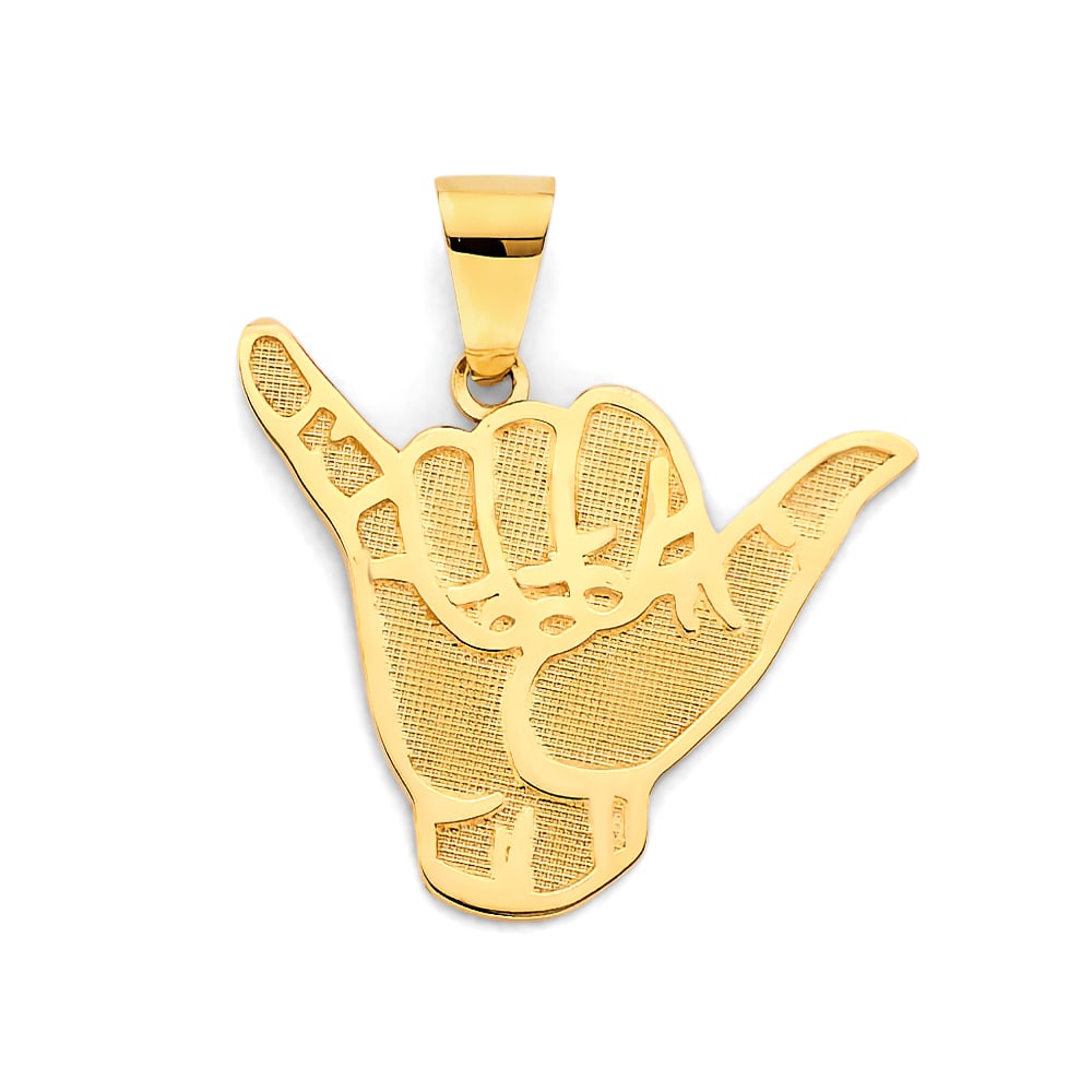 14KY HANG LOOSE SIGN PENDANT: 14KY Hang Loose Sign Pendant Type: Pendant Material Type: 14k Gold Material Color: Yellow Avg. Weight: 2.42 Gr. Size: Height : 28 mm, Width : 25 mm Accessories: None Notice: When purchasin