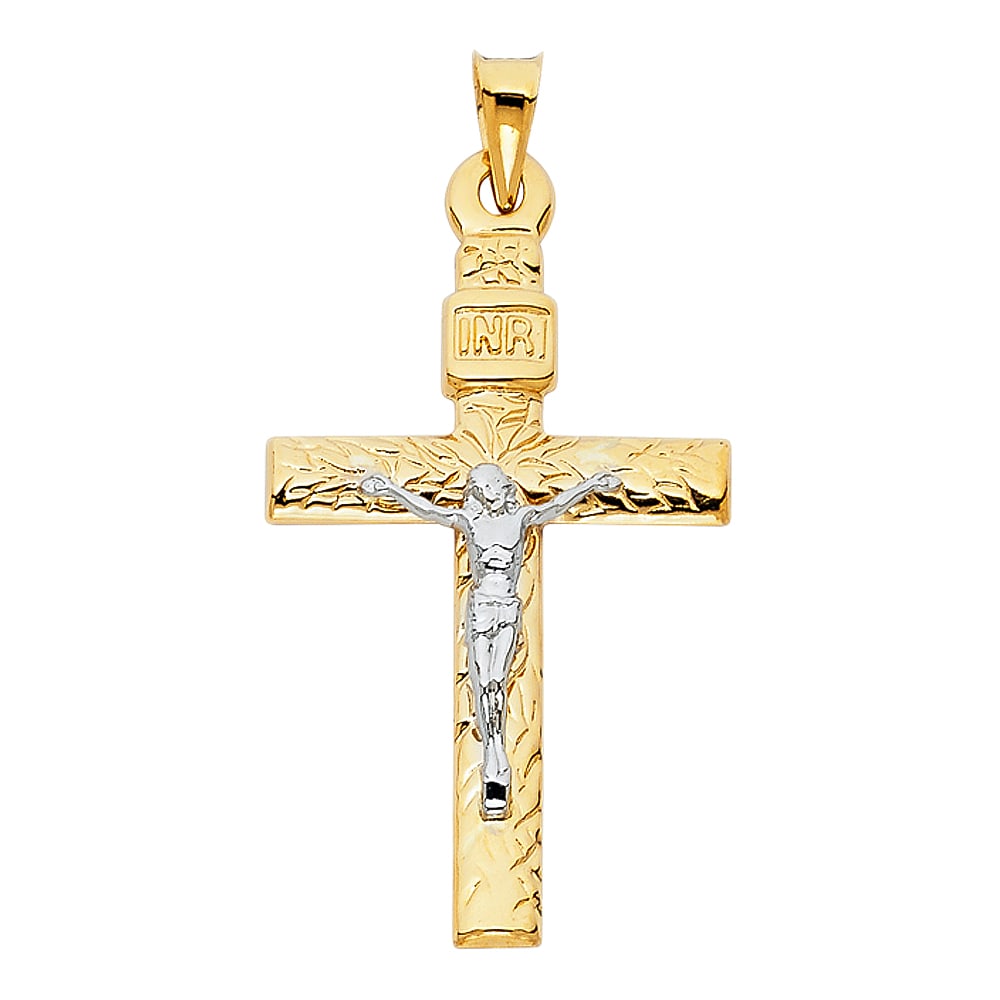 14K 2T CRUCUFIX PENDANT: 14K 2T Crucufix Pendant Type: Pendant Material Type: 14k Gold Material Color: two Tone Avg. Weight: 1.98 Gr. Size: Height : 40 mm, Width : 26 mm Accessories: None Notice: When purchasing p