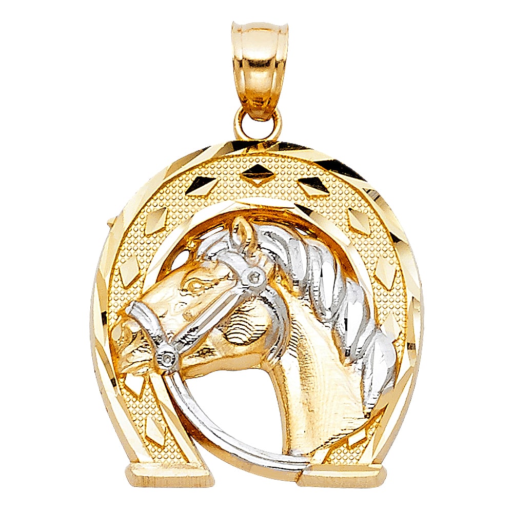 14K 2T LUCKY HORSE SHOE PENDANT: 14K 2T Lucky Horse Shoe Pendant Type: Pendant Material Type: 14k Gold Material Color: Two Tone Avg. Weight: 3.49 Gr. Size: Height : 23 mm : Width : 22 mm Accessories: None Notice: When pur