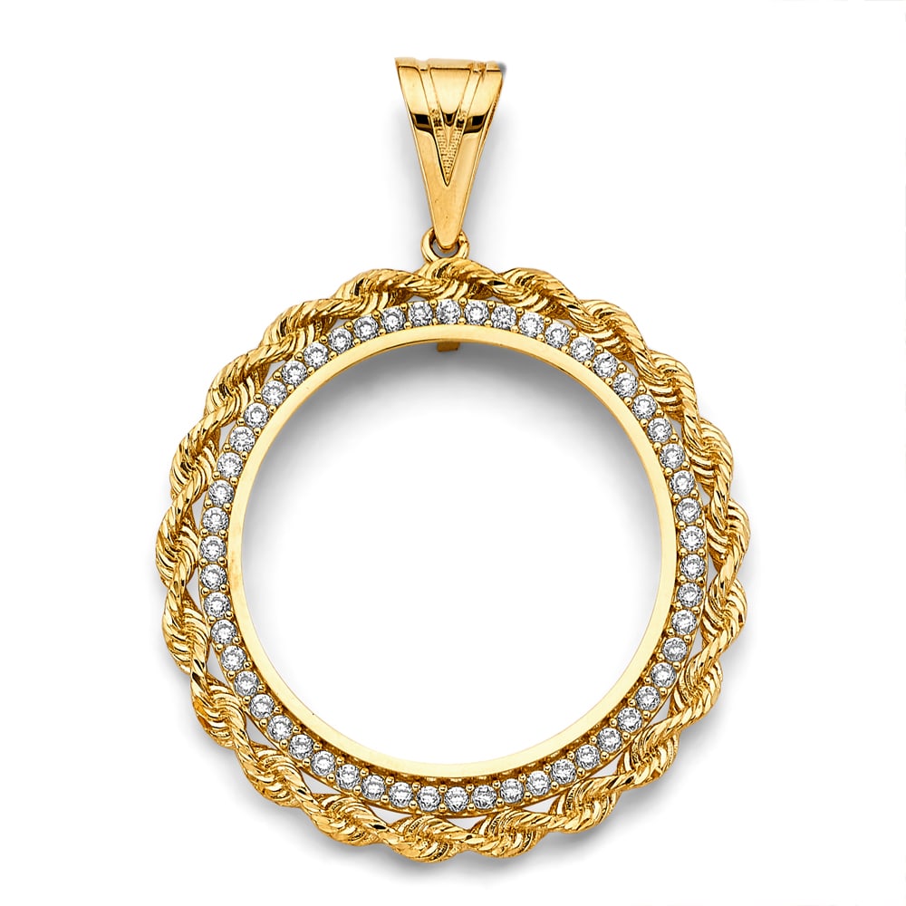 14KY CZ ROPE COIN FRAME: 14KY CZ Rope Coin Frame Type: Pendant Material Type: 14k Gold Material Color: Yellow Avg. Weight: 15.67 Gr. Size: Height : 65 mm, Width : 50 mm Accessories: None Notice: When purchasing pr