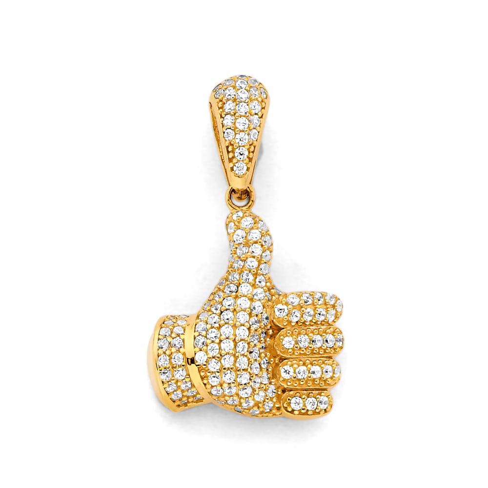 14KY CZ THUMBS UP SIGN PENDANT: 14KY CZ Thumbs Up Sign Pendant Type: Pendant Material Type: 14k Gold Material Color: Yellow Avg. Weight: 3.82 Gr. Size: Height : 30 mm, Width : 15 mm Accessories: None Notice: When purchas