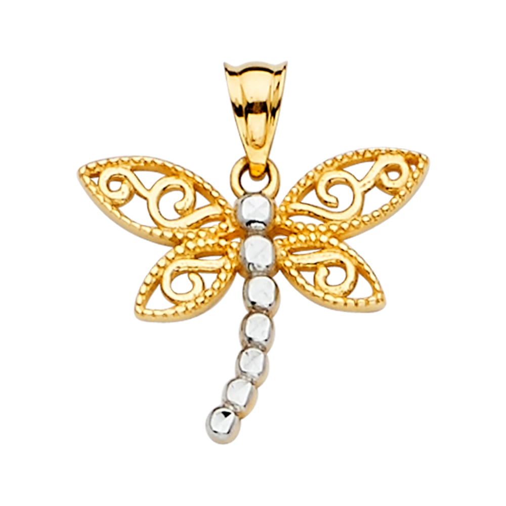14K 2T DRAGON FLY PENDANT: 14K 2T Dragon Fly Pendant Type: Pendant Material Type: 14k Gold Material Color: Two Tone Avg. Weight: 1.09 Gr. Size: Height : 22 mm,Width : 18 mm Accessories: None Notice: When purchasing