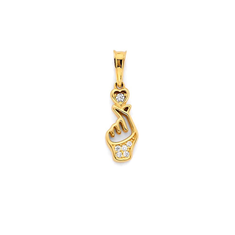 14KY CZ KOREAN FINGER HEART PENDANT: 14KY CZ Korean Finger Heart Pendant Type: Pendant Material Type: 14k Gold Material Color: Yellow Avg. Weight: 0.77 Gr. Size: Height : 20 mm, Width : 5 mm Accessories: None Notice: When pur
