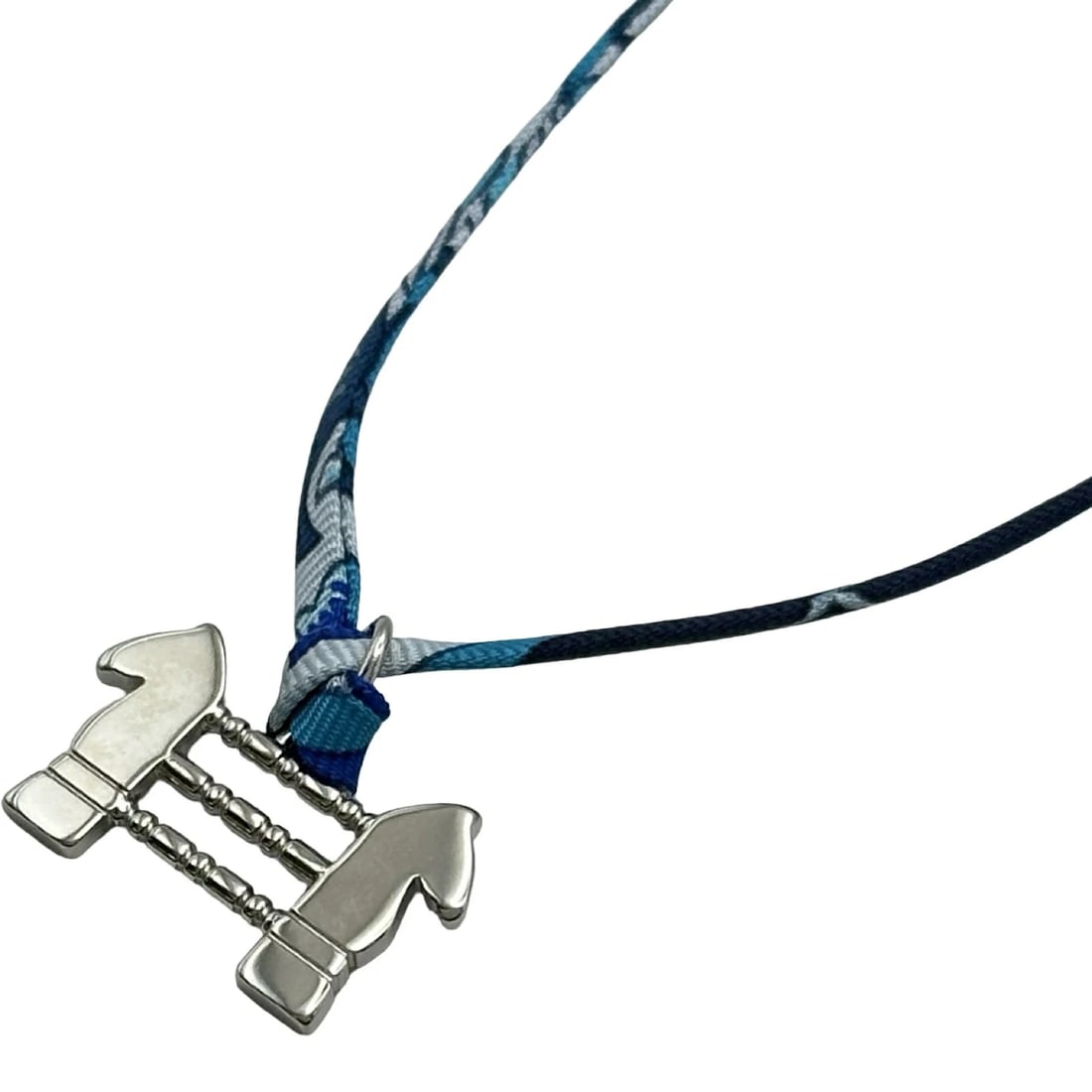 HERMES TOURBILLON NECKLACE BLUE SILK METAL: Hermes Tourbillon Necklace Blue Silk Metal Brand: Hermes Type/Style: Necklace Material: Silk Metal Color: Biue Size: Length approximately 31.5 inches, Height 0.5 inches, Width 0.9 inches Accessori