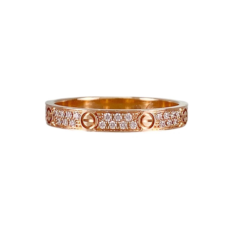 CARTIER MINI LOVE PAVE ROSE GOLD DIAMOND RING: Cartier Mini Love Pave Rose gold Diamond Ring Brand: Cartier Type/Style: Ring Material: 18K Rose Gold, Main Stone Natural Color: Gold Size: 4.5 US Accessories: None Accessories Notice: Whe