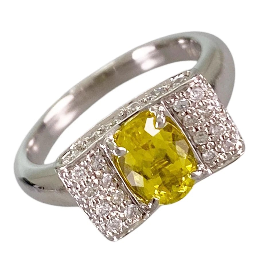 RING PLATINUM YELLOW TOURMALINE DIAMOND: Ring Platinum Yellow Tourmaline Diamond Brand: Unsigned Jewelry Type/Style: Ring Material: Platinum 900, Main Stone Secondary Stone Natural Color: Silver Size: 5 US Accessories: None Accessories