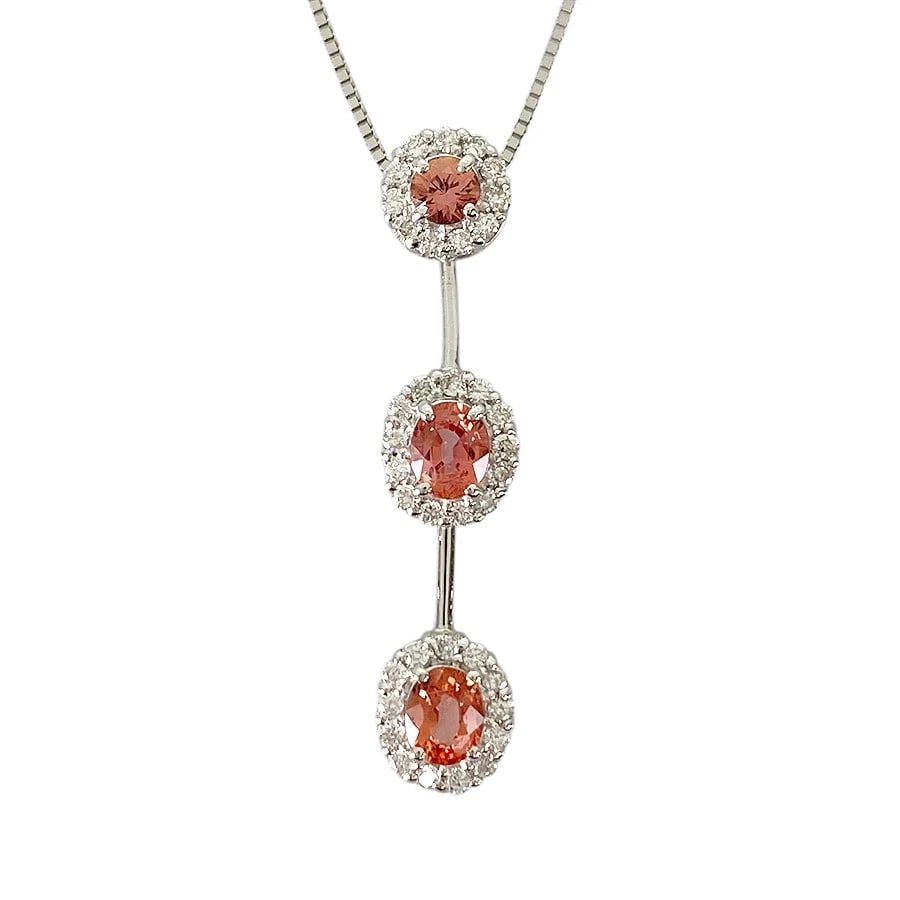 NECKLACE WHITE GOLD PADPARADSCHA SAPPHIRE DIAMOND: Necklace White gold Padparadscha Sapphire Diamond Brand: Unsigned Jewelry Type/Style: Necklace Material: 18K White Gold, Main Stone Sapphire Color: Silver Size: Top size:33.0mm?7.0mm Necklace full