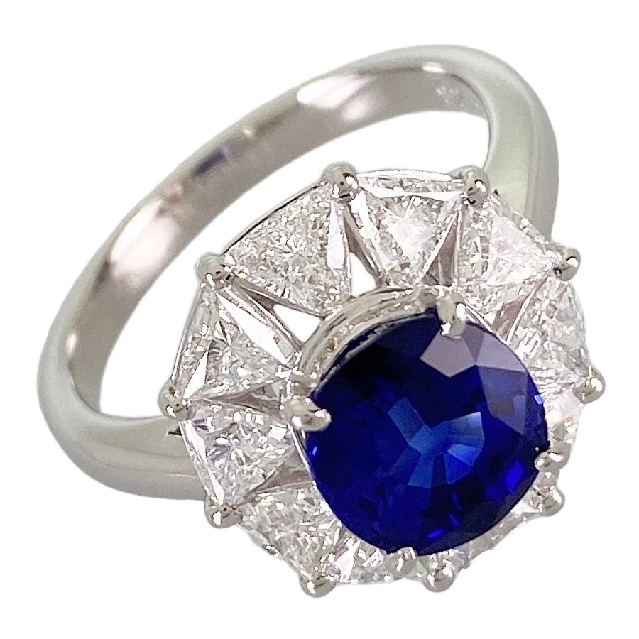 RING PLATINUM SAPPHIRE DIAMOND: Ring Platinum Sapphire Diamond Brand: Unsigned Jewelry Type/Style: Ring Material: Platinum 900, Main Stone Sapphire Color: Silver Size: 5.5 US Accessories: None Accessories Notice: When pu