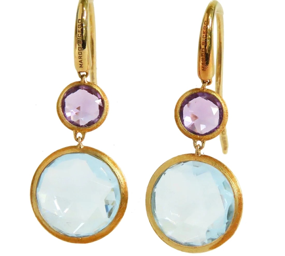 MARCO BICEGO JAIPUR BLUE TOPAZ AMETHYST DANGLE DROP EARRINGS: Marco Bicego Jaipur Blue Topaz Amethyst Dangle Drop Earrings Brand: Marco Bicego Type/Style: Earrings Material: 18k Yellow Gold, Main Stone Natural Color: Multi Size: H 30.0 mm ? W 12.3 mm / 1.2 in ? 