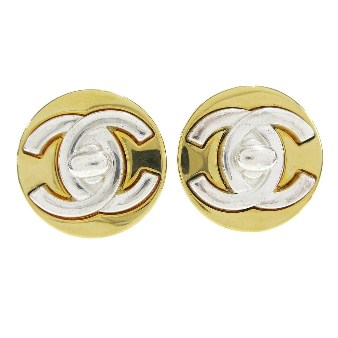 CHANEL TURNLOCK BUTTON EARRINGS CLIP-ON GOLD SILVER: Chanel Turnlock Button Earrings Clip-On Gold Silver Brand: CHANEL Type/Style: Earrings Material: Gold-plated, Color: Gold, Silver Size: Diameter : 2.6 cm Accessories: None Accessories Noti