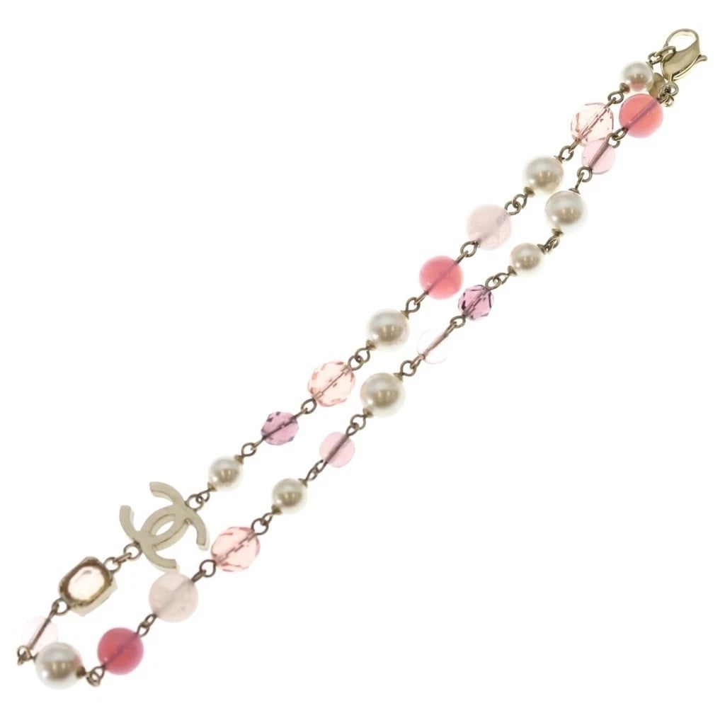 CHANEL NECKLACE COCO MARK COLOR STONE PEARL PINK/GOLD GP: CHANEL Necklace Coco Mark Color Stone Pearl Pink/Gold GP Brand: CHANEL Type/Style: Necklace Material: Color Stone/Pearl, Color: Pink/Gold Size: Total Length: 41 cm, Width: 10.39 mm, Accessories: N
