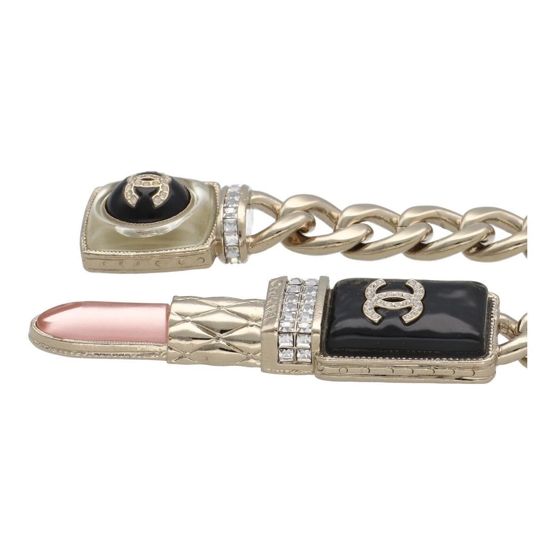 CHANEL NECKLACE LIPSTICK COCO MARK CHAIN COSMETICS RHINESTONE: Chanel Necklace Lipstick Coco Mark Chain Cosmetics Rhinestone Brand: Chanel Type/Style: Necklace Material: Rhinestone, Color: gold Size: Neck Circumference: Maximum (approx.) 50cm Chain Width: (approx