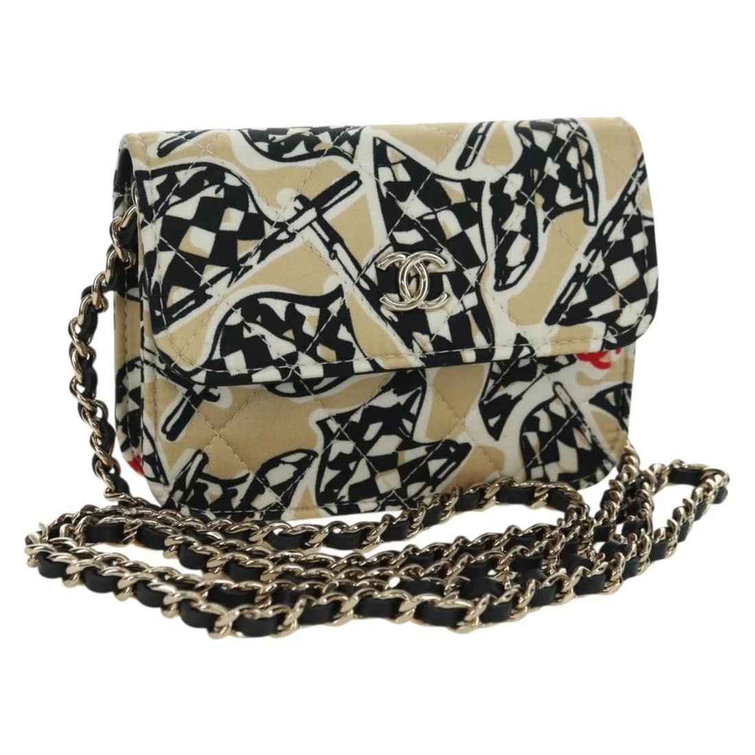 CHANEL MATELASSE CHECKER FLAG CHAIN POUCH COTTON BEIGE: CHANEL Matelasse Checker Flag Chain Pouch Cotton Beige Brand: CHANEL Type/Style: Shoulder Bag Material: Cotton Color: Beige/Gold Size: W4.7 x H3.1 x D1.0inch(Approx) Accessories: None Acce