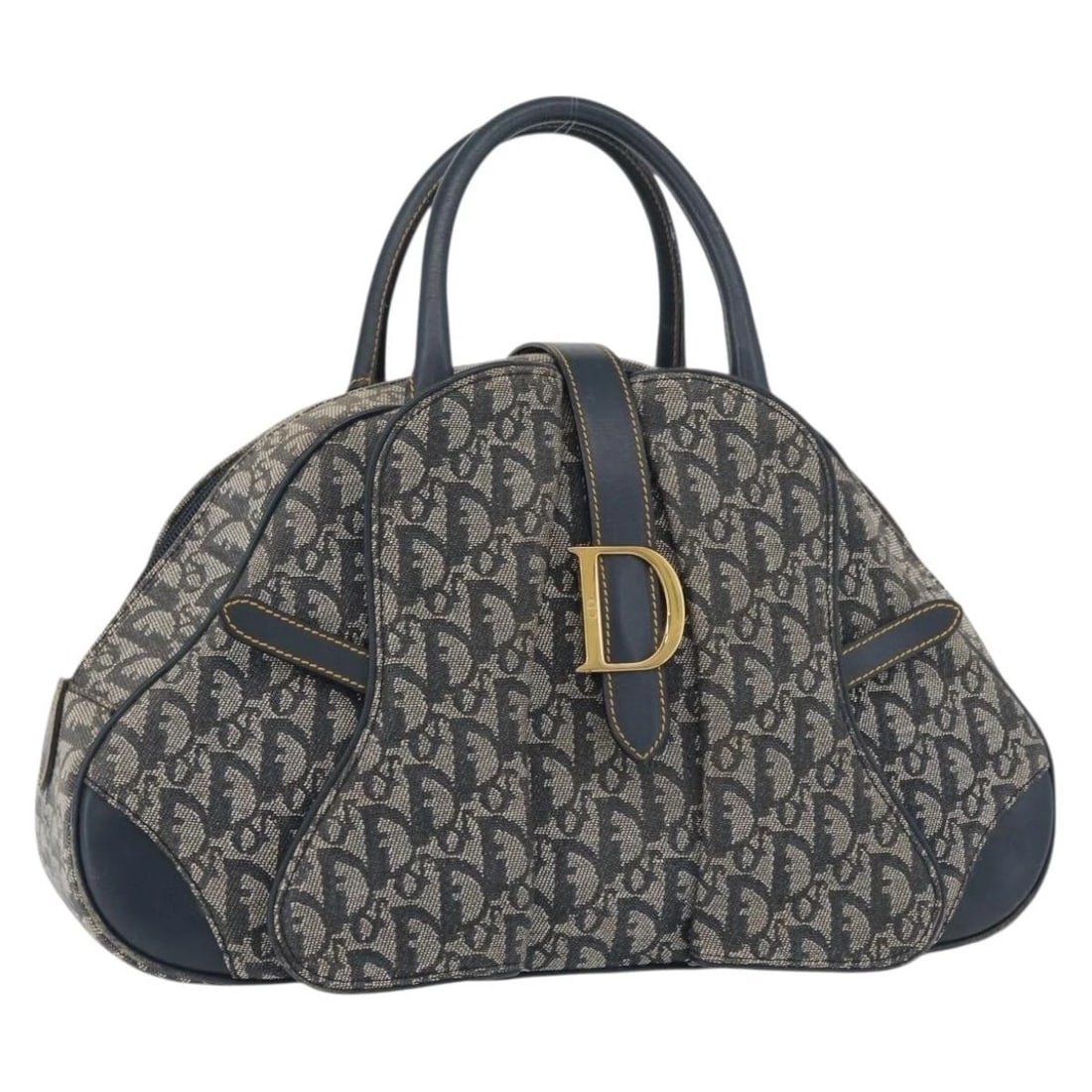 CHRISTIAN DIOR TROTTER CANVAS SADDLE HAND BAG: Christian Dior Trotter Canvas Saddle Hand Bag Brand: Christian Dior Type/Style: Hand Bag Material: Trotter Canvas Color: Navy/Gold Size: W15.7 x H9.4 x D4.7inch(Approx) Accessories: None A
