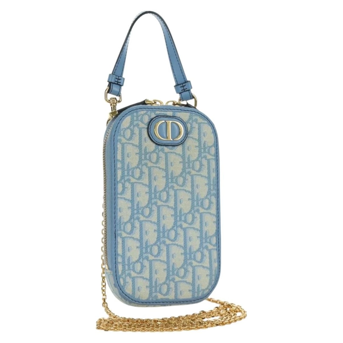 CHRISTIAN DIOR TROTTER CANVAS PHONE HOLDER CHAIN 2WAY: Christian Dior Trotter Canvas Phone Holder Chain 2way Brand: Christian Dior Type/Style: Shoulder Bag Material: Trotter Canvas Color: Light Blue/Gold Size: W4.3 x H6.7 x D0.8inch(Approx) Accessorie