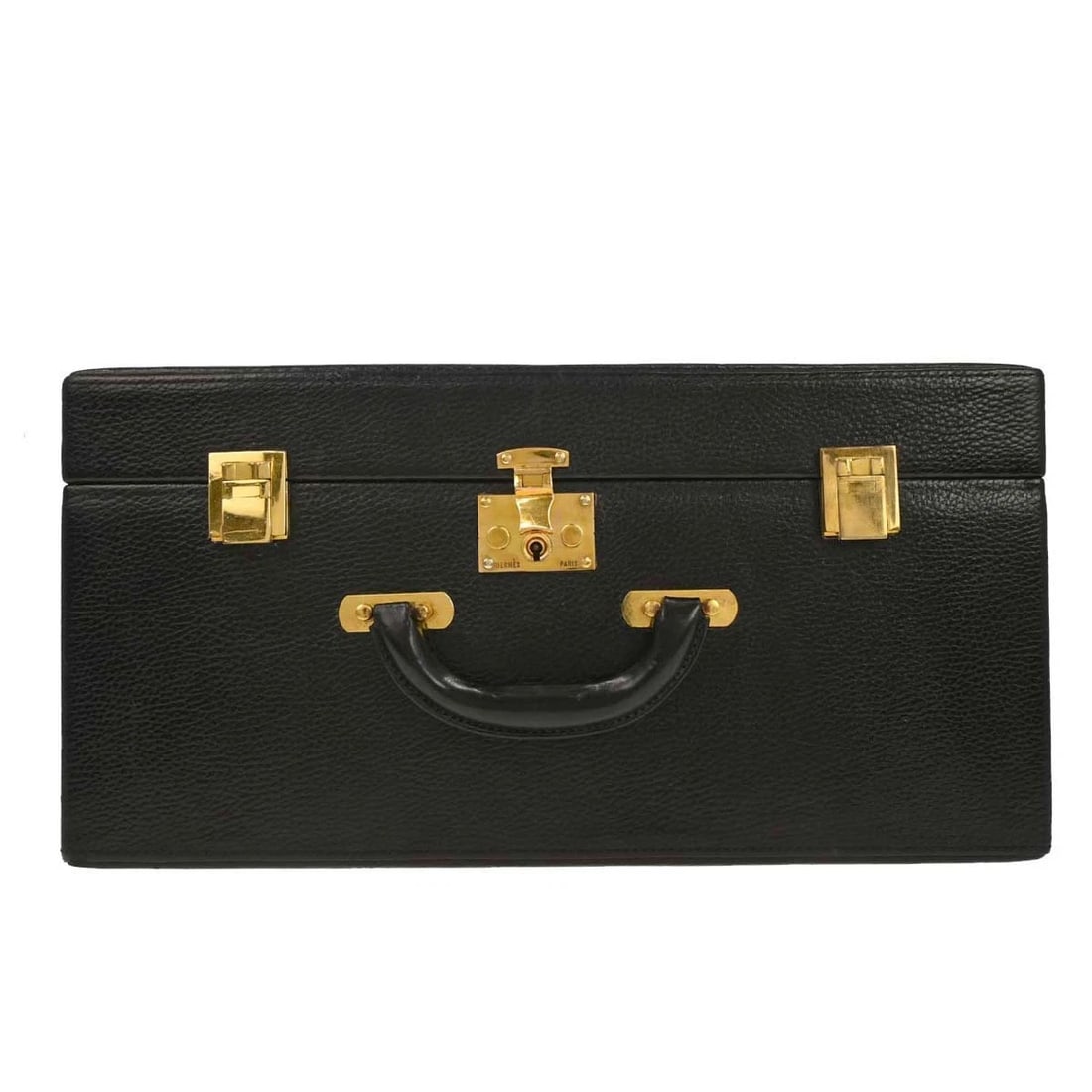 HERMES BLACK ARDENNES TRUNK HANDBAG: Hermes Black Ardennes Trunk Handbag Brand: HERMES Type/Style: Top Handle Bag Material: Ardennes leather Color: Black Size: W 15.7 x H 7.9 x D 7.9 " Accessories: None Accessories Notice: Wh