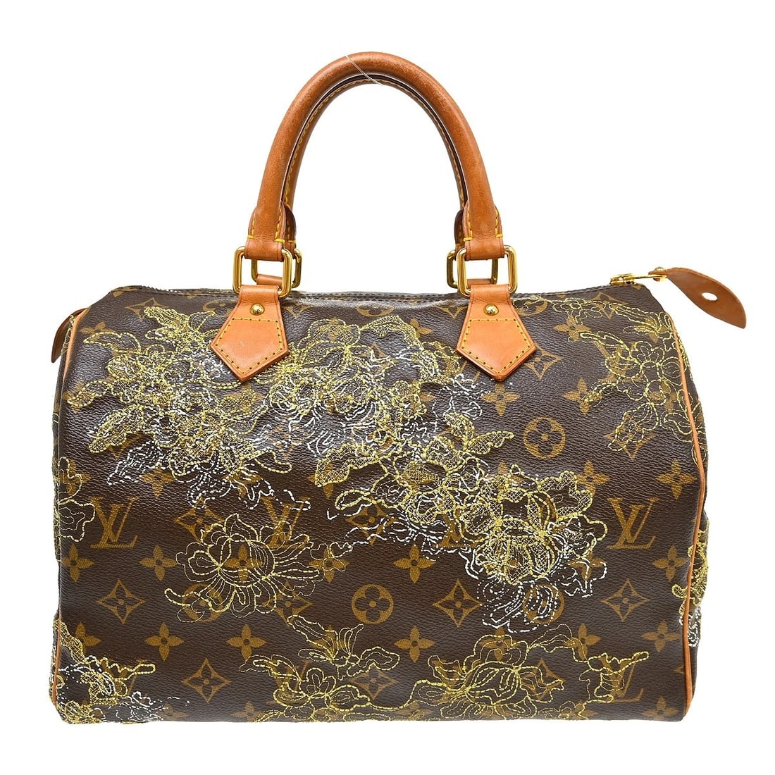 LOUIS VUITTON MONOGRAM DENTELLE SPEEDY 30 HANDBAG: Louis Vuitton Monogram Dentelle Speedy 30 Handbag Brand: Louis Vuitton Type/Style: Satchel/Top Handle Bag Material: Monogram Canvas, Leather Color: Brown, Gold Size: W 11.8 ? H 8.3 ? D 6.7 " Acces