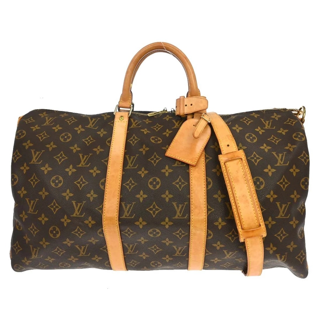 LOUIS VUITTON KEEPALL 50 BANDOULIERE HANDBAG: LOUIS VUITTON KEEPALL 50 BANDOULIERE HANDBAG Brand: Louis Vuitton Type/Style: Handbag Material: Monogram Canvas, Leather Color: Brown Size: W 19.7 x H 10.6 x D 7.9 " Accessories: None Acce