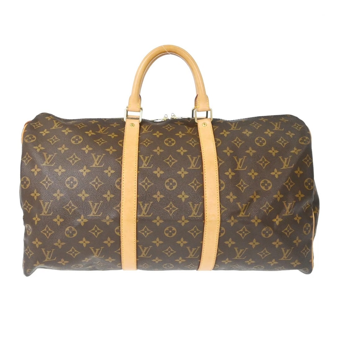 LOUIS VUITTON MONOGRAM KEEPALL 50 TRAVEL HANDBAG: Louis Vuitton Monogram Keepall 50 Travel Handbag Brand: Louis Vuitton Type/Style: Duffle Material: Monogram canvas, Leather Color: Brown Size: W 19.7 x H 11.4 x D 8.7 " Accessories: None A