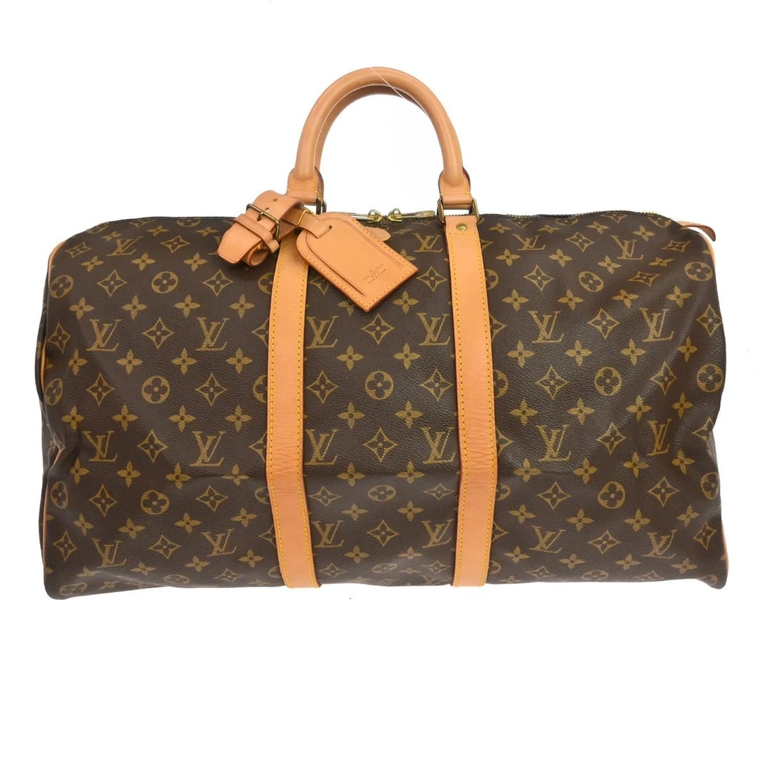 LOUIS VUITTON MONOGRAM KEEPALL 50 DUFFLE HANDBAG: Louis Vuitton Monogram Keepall 50 Duffle Handbag Brand: Louis Vuitton Type/Style: Duffle Material: Monogram canvas, Leather Color: Brown Size: W 19.7 x H 11.4 x D 8.7 " Accessories: None A