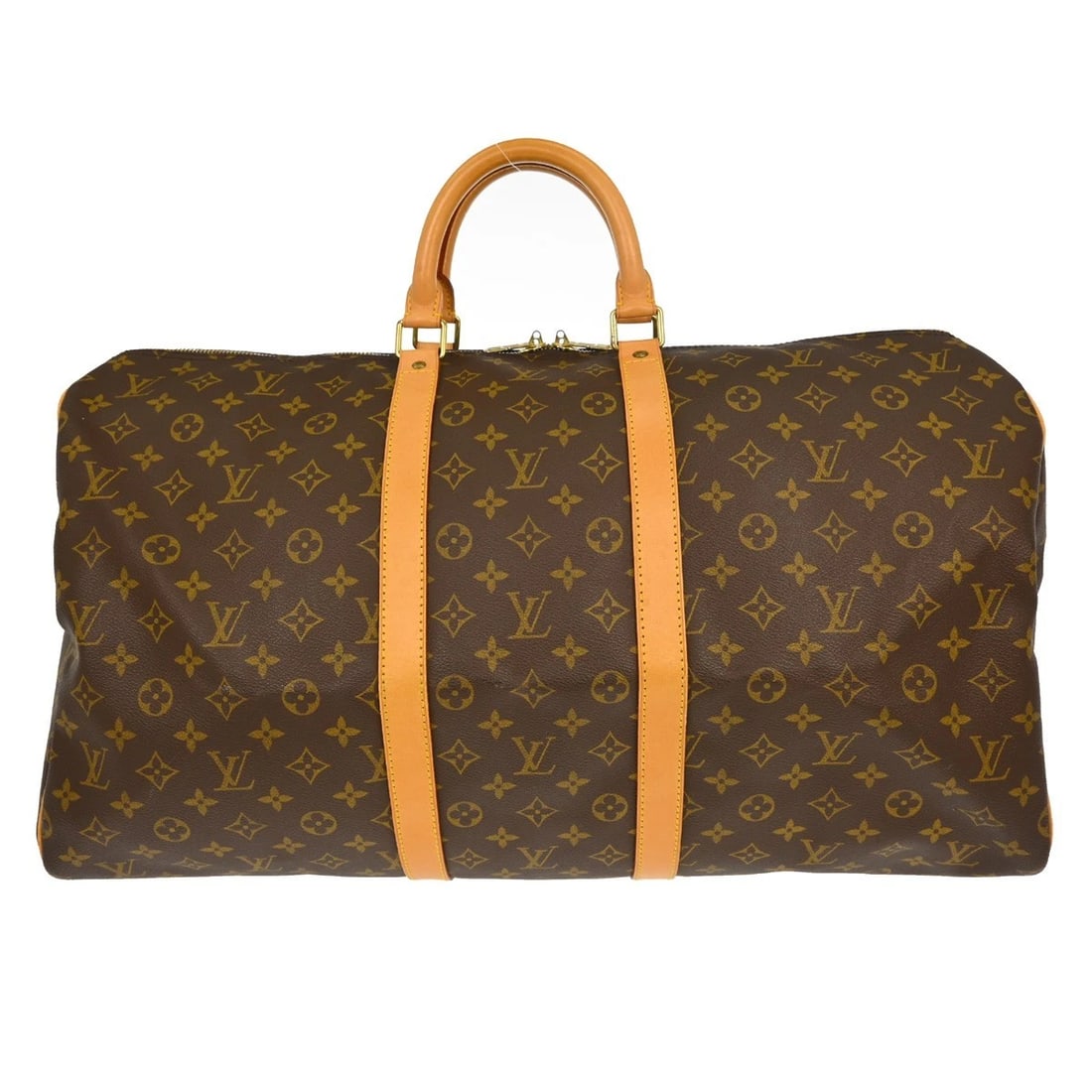 LOUIS VUITTON KEEPALL 55 TRAVEL HANDBAG: LOUIS VUITTON KEEPALL 55 TRAVEL HANDBAG Brand: Louis Vuitton Type/Style: Duffle Material: Monogram Canvas, Leather Color: Brown Size: W 21.7 x H 11.8 x D 9.8 " Accessories: None Accessorie