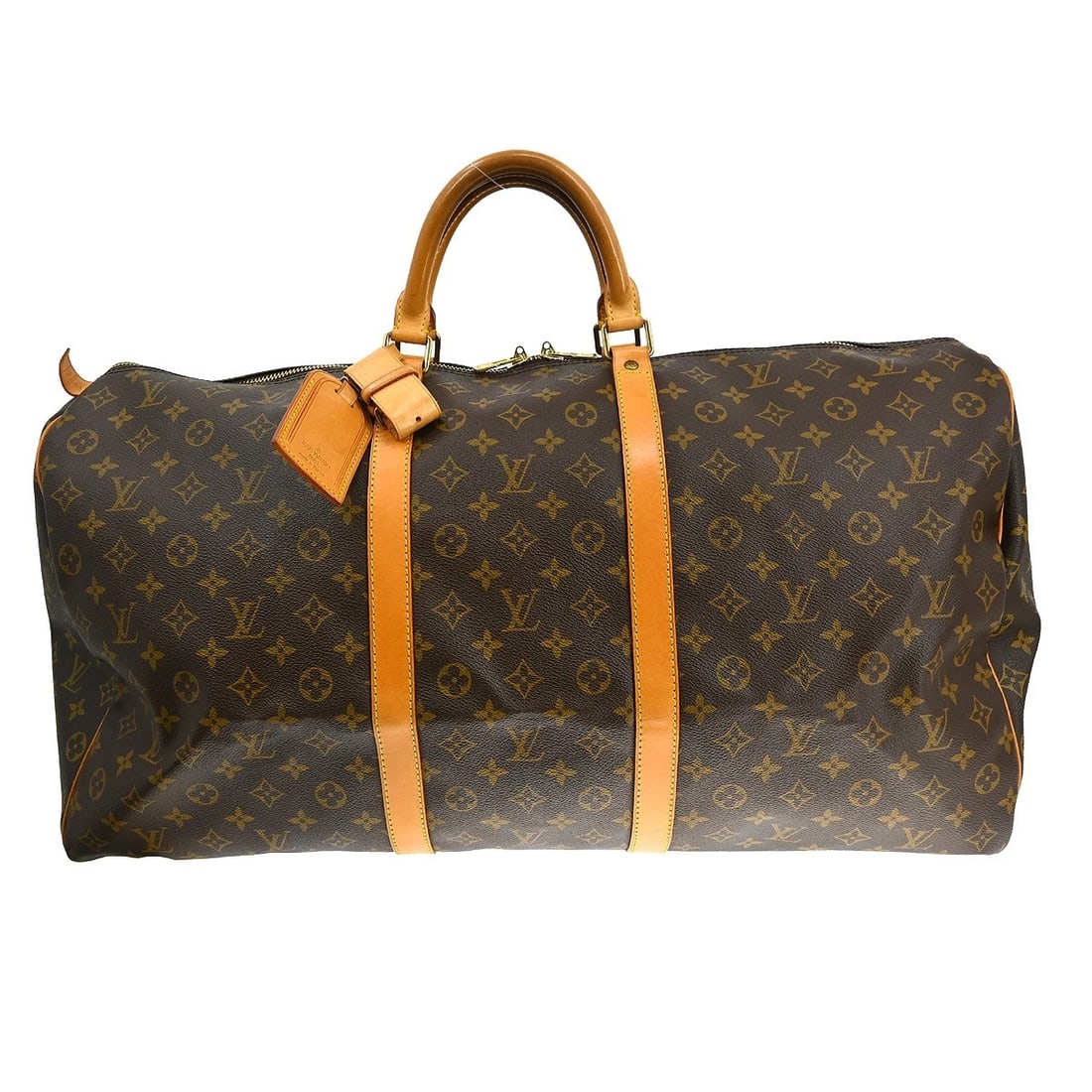 LOUIS VUITTON KEEPALL 60 TRAVEL HANDBAG: LOUIS VUITTON KEEPALL 60 TRAVEL HANDBAG Brand: Louis Vuitton Type/Style: Duffle Material: Monogram Canvas, Leather Color: Brown Size: W 23.6 x H 12.2 x D 10.0 " Accessories: None Accessori