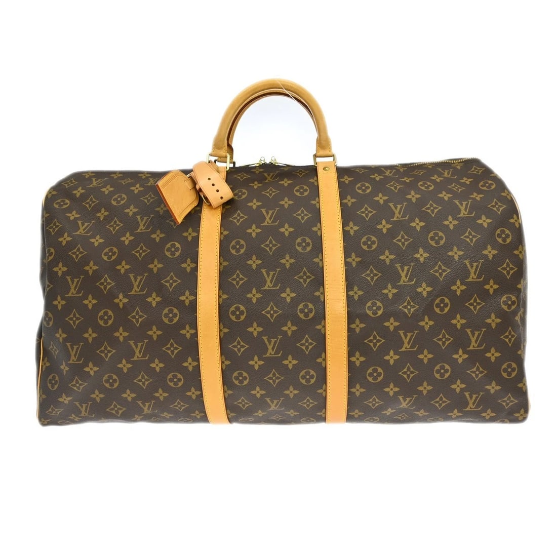 LOUIS VUITTON KEEPALL 60 TRAVEL HANDBAG: LOUIS VUITTON KEEPALL 60 TRAVEL HANDBAG Brand: Louis Vuitton Type/Style: Duffle Material: Monogram Canvas, Leather Color: Brown Size: W 23.6 x H 12.2 x D 10.0 " Accessories: None Accessori