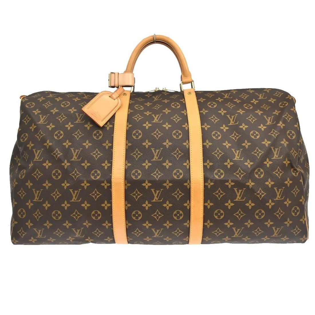 LOUIS VUITTON KEEPALL 60 TRAVEL HANDBAG: LOUIS VUITTON KEEPALL 60 TRAVEL HANDBAG Brand: Louis Vuitton Type/Style: Duffle Material: Monogram Canvas, Leather Color: Brown Size: W 23.6 x H 12.2 x D 10.0 " Accessories: None Accessori