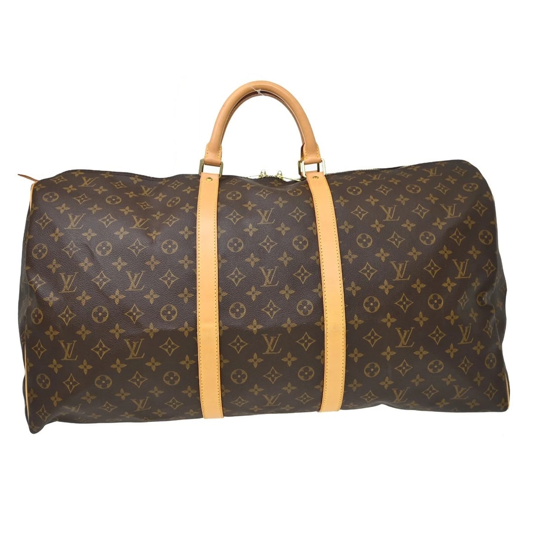 LOUIS VUITTON KEEPALL 60 TRAVEL HANDBAG: LOUIS VUITTON KEEPALL 60 TRAVEL HANDBAG Brand: Louis Vuitton Type/Style: Duffle Material: Monogram Canvas, Leather Color: Brown Size: W 23.6 x H 12.2 x D 10.0 " Accessories: None Accessori