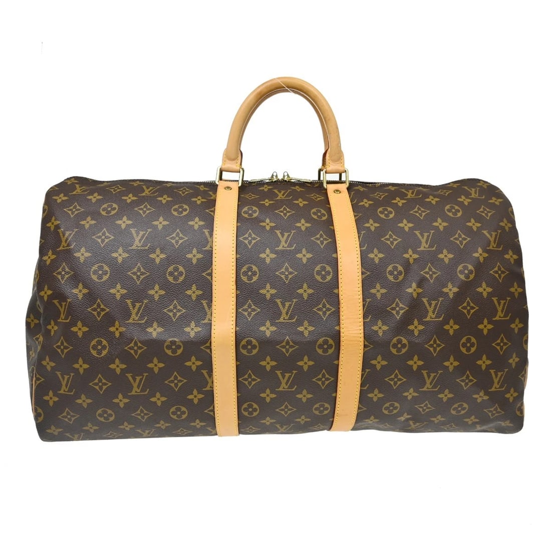 LOUIS VUITTON KEEPALL 55 HANDBAG: LOUIS VUITTON KEEPALL 55 HANDBAG Brand: Louis Vuitton Type/Style: Duffle Material: Monogram Canvas, Leather Color: Brown Size: W 21.7 x H 11.8 x D 9.8 " Accessories: None Accessories Notic