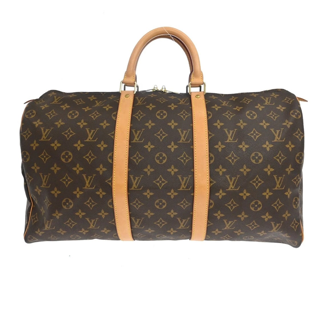 LOUIS VUITTON KEEPALL 50 TRAVEL HANDBAG: LOUIS VUITTON KEEPALL 50 TRAVEL HANDBAG Brand: Louis Vuitton Type/Style: Duffle Material: Monogram canvas, Leather Color: Brown Size: W 19.7 x H 11.4 x D 8.7 " Accessories: None Accessorie
