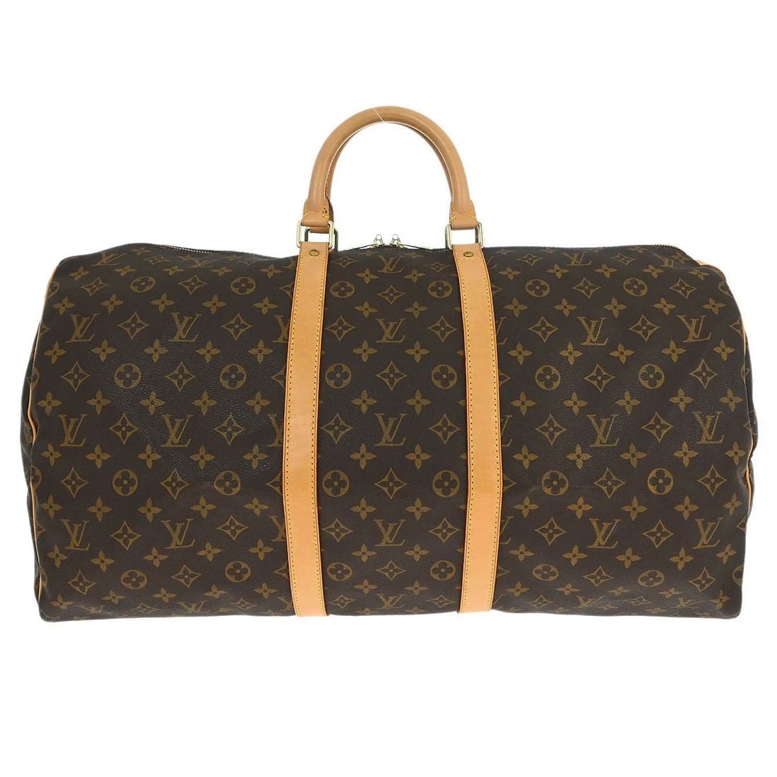 LOUIS VUITTON MONOGRAM KEEPALL 55 TRAVEL HANDBAG: Louis Vuitton Monogram Keepall 55 Travel Handbag Brand: Louis Vuitton Type/Style: Duffle Material: Monogram canvas, Leather Color: Brown Size: W 21.7 x H 11.8 x D 9.8 " Accessories: None A