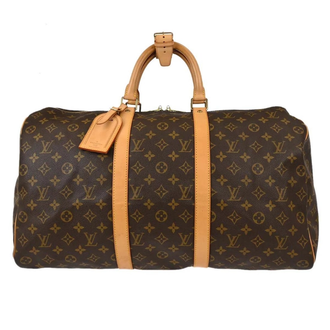 LOUIS VUITTON MONOGRAM KEEPALL 50 DUFFLE TRAVEL HANDBAG: Louis Vuitton Monogram Keepall 50 Duffle Travel Handbag Brand: Louis Vuitton Type/Style: Duffle Material: Monogram canvas, Leather Color: Brown Size: W 19.7 x H 11.4 x D 8.7 " Accessories: None