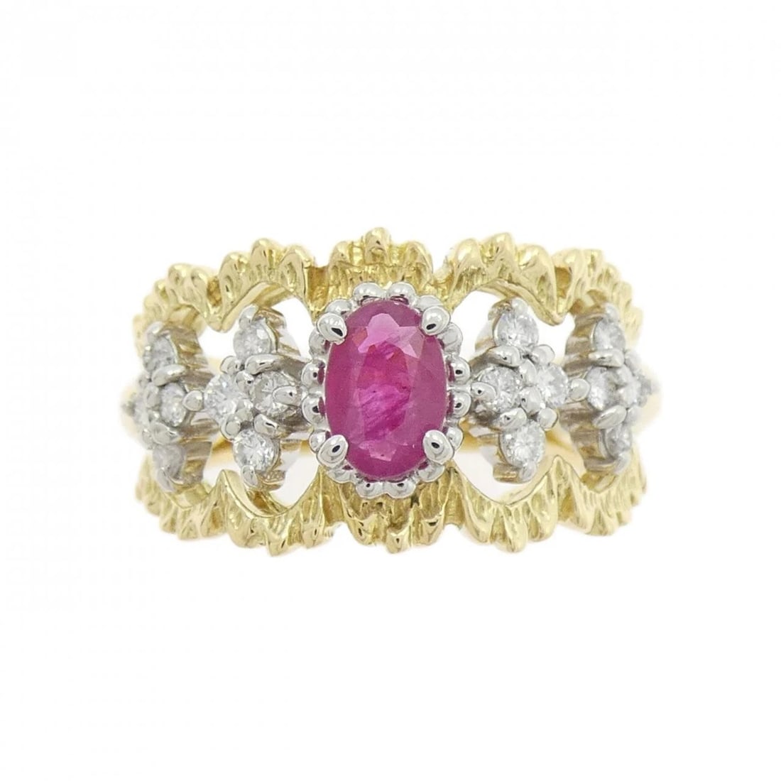 K18YG/PT850 RUBY RING: K18YG/PT850 Ruby Ring Brand: Unbranded Type/Style: Ruby ring Material: K18YG/PT850, Main Stone/Creation Ruby Secondary Stone Diamond Color: YG,Silver Size: US 5 3/4 Accessories: None Accessories