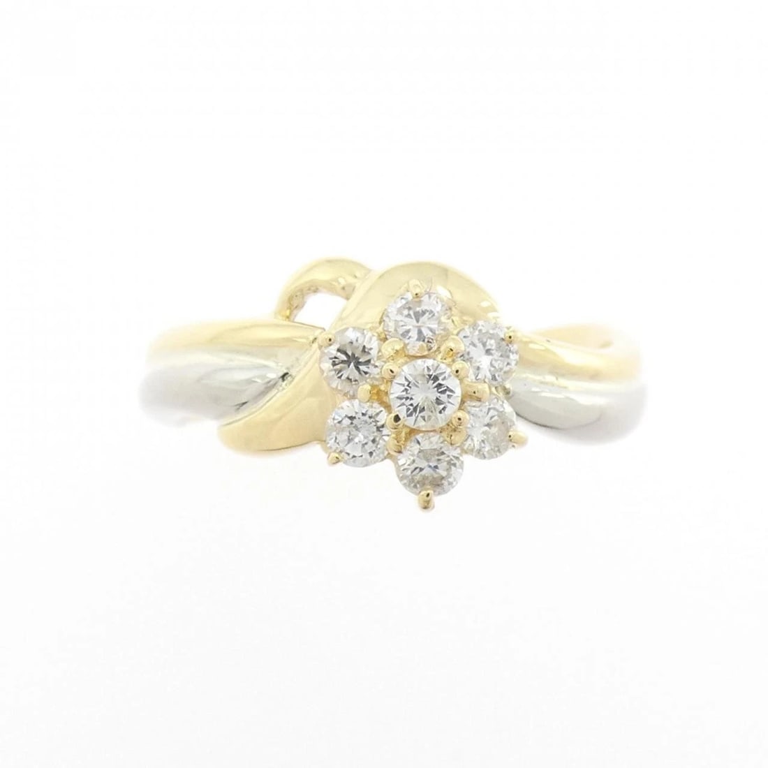 K18YG/PT850 FLOWER DIAMOND RING: K18YG/PT850 Flower Diamond Ring Brand: Unbranded Type/Style: Diamond Ring Material: K18YG/PT850, Color: YG,Silver Size: US 5 3/4 Accessories: None Accessories Notice: When purchasing pre-owned goods,