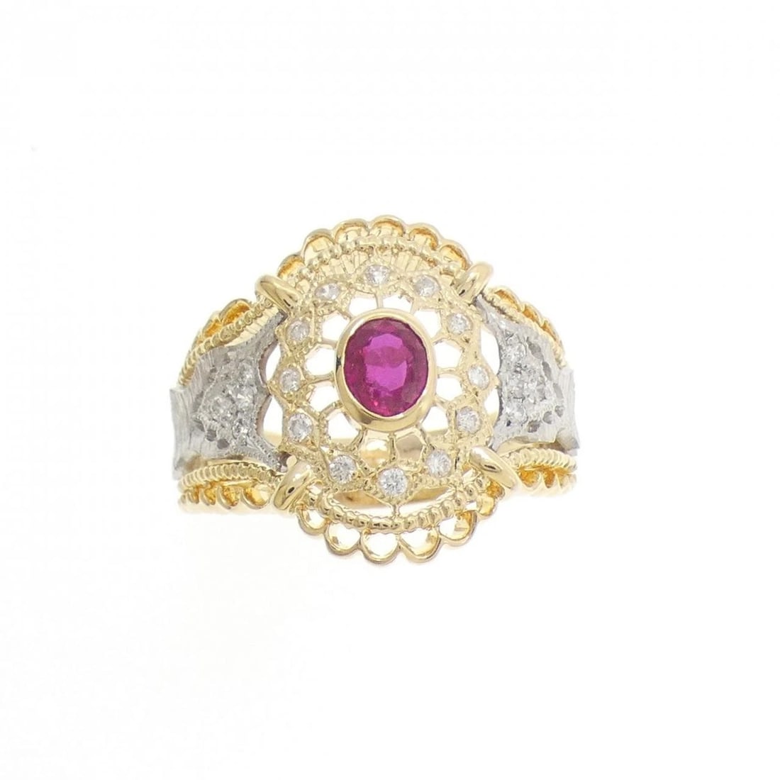 K18YG/PT900 RUBY RING: K18YG/PT900 Ruby Ring Brand: Unbranded Type/Style: Ruby Ring Material: 18k yellow gold / Platinum 900, Main Stone/Creation Ruby Secondary stone Diamond Color: YG,Silver Size: US 7 1/2 Accessories: