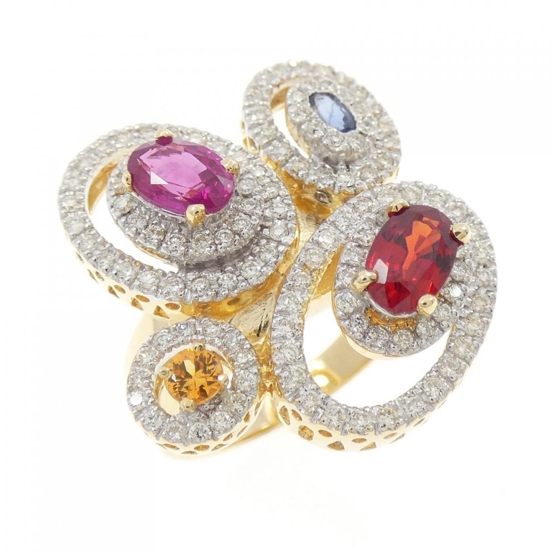 750YG/750WG COLOR STONE RING: 750YG/750WG Color Stone Ring Brand: Unbranded Type/Style: Ruby Ring Material: 750 yellow gold/750 white gold, Main Stone/Creation ruby Secondary stone diamond/Sapphire Color: YG,WG Size: US 7 1/2