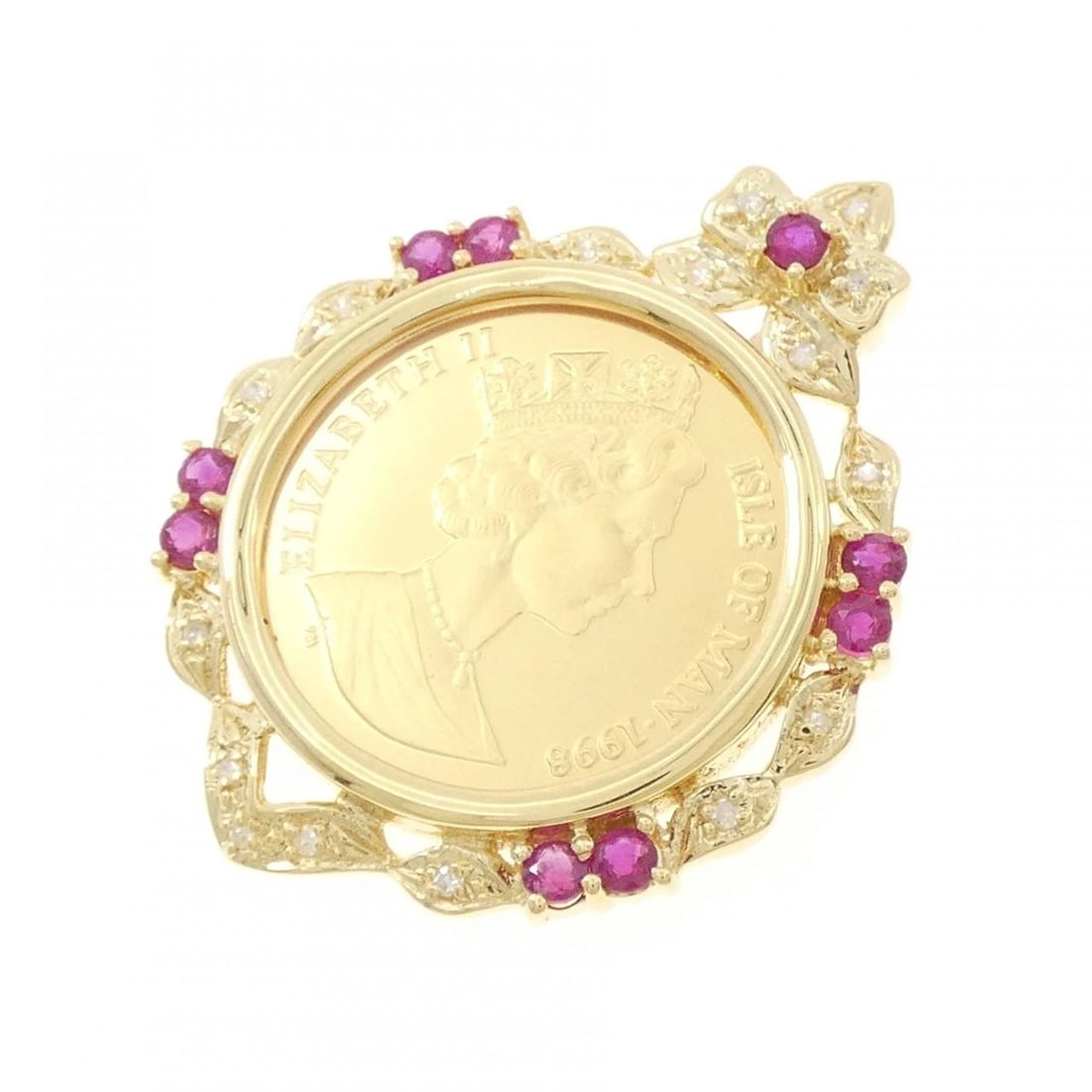 K18YGRUBY COIN PENDANT: K18YGRuby Coin Pendant Brand: Unbranded Type/Style: Ruby Coin Pendant Material: 18K yellow gold, Main Stone/Creation Ruby Secondary Stone Diamond Color: YEllow Gold Size: Actual Size Approximate dimen