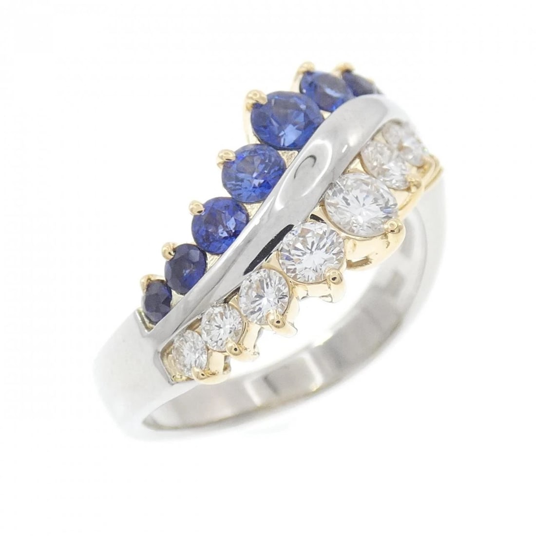 PT900/K18YG SAPPHIRE RING: PT900/K18YG Sapphire Ring Brand: Unbranded Type/Style: Sapphire Ring Material: PT900/K18YG, Main Stone/Creation Sapphire Secondary Stone Diamond Color: YG,Silver Size: US 7 3/4 Accessories: None