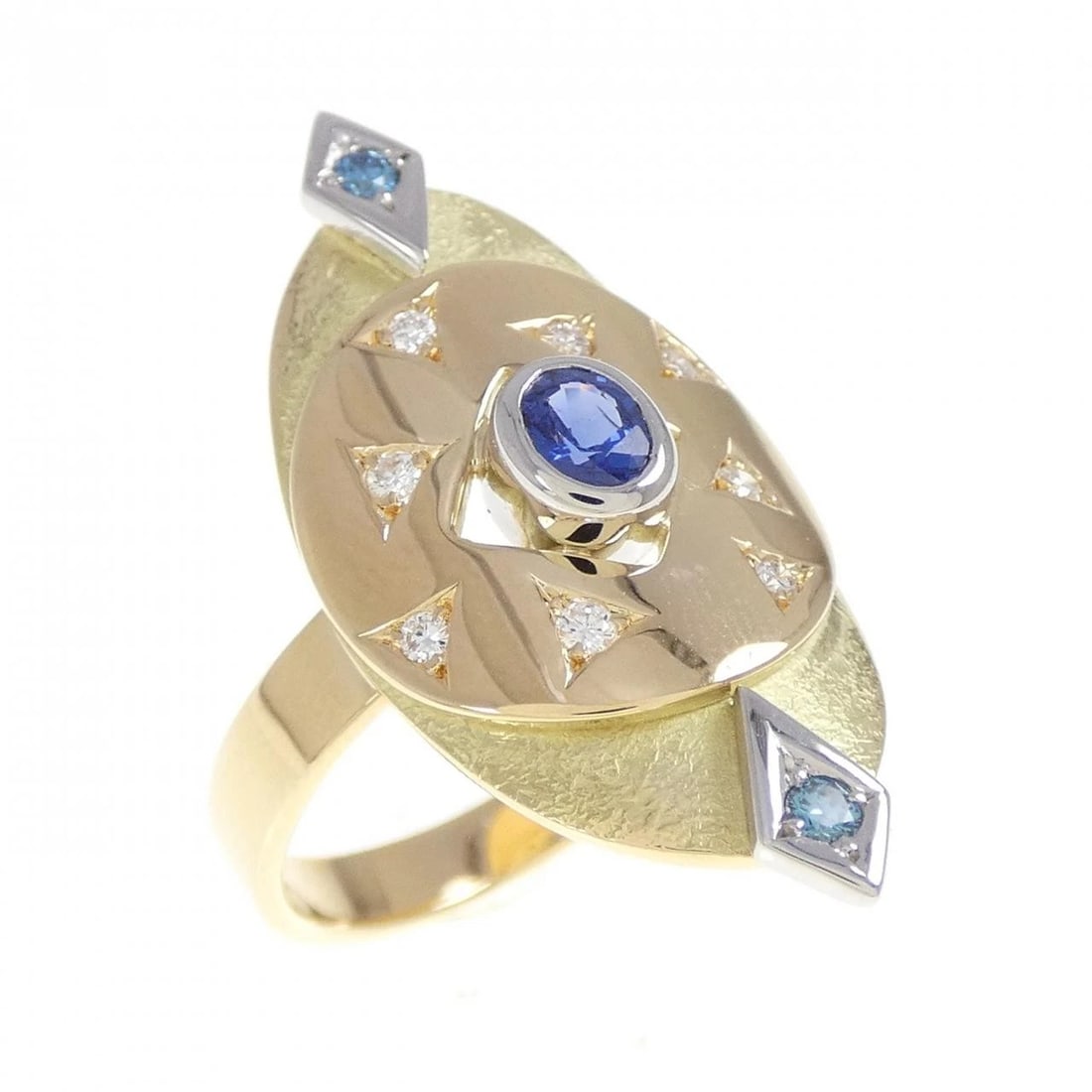 K18YG/PT900 SAPPHIRE RING: K18YG/PT900 Sapphire Ring Brand: Unbranded Type/Style: Sapphire Ring Material: K18YG/PT900, Main Stone/Creation Sapphire Secondary Stone Diamond Color: YG,Silver Size: US 6 1/4 Accessories: None