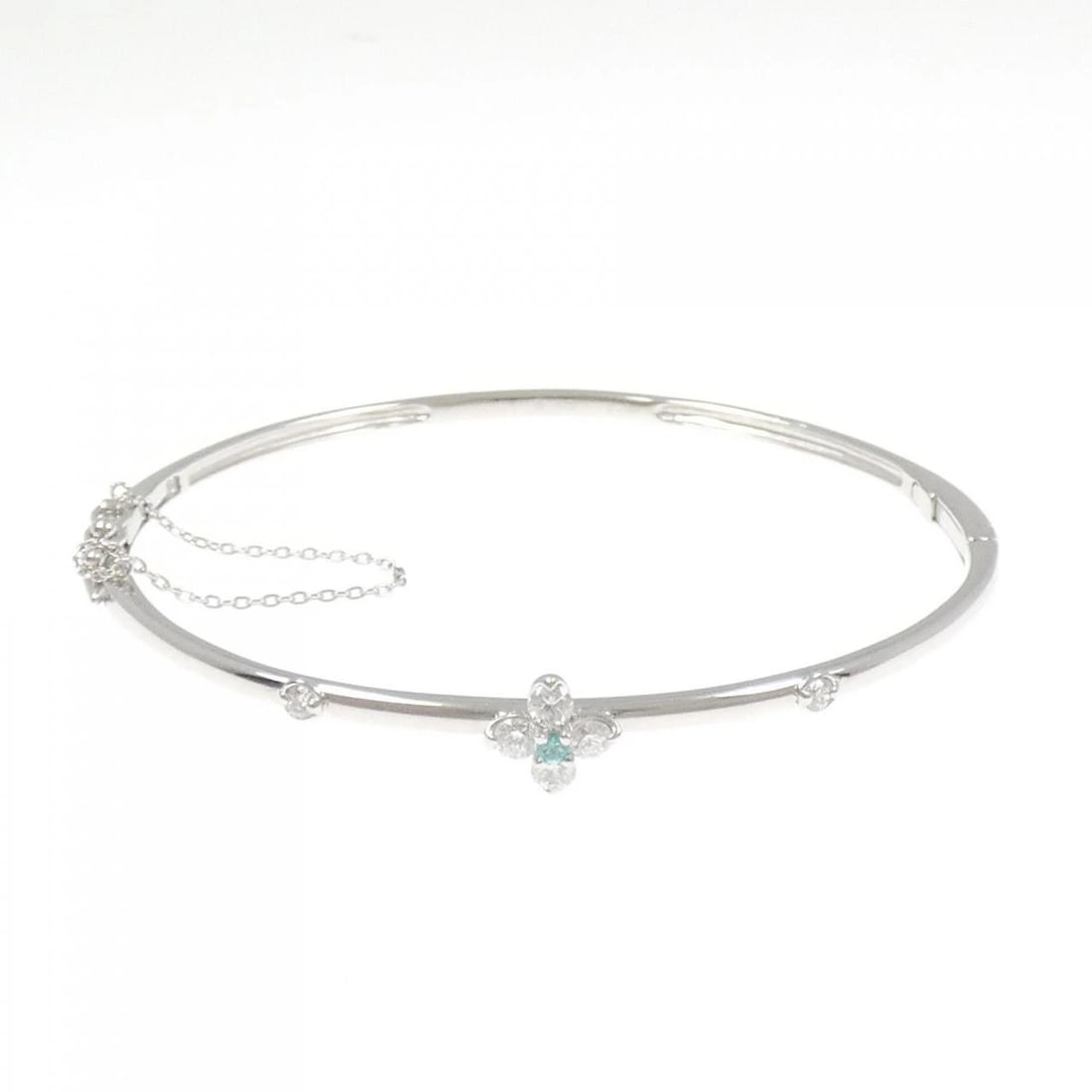 K18WG PARAIBA TOURMALINE BANGLE: K18WG Paraiba tourmaline bangle Brand: Unbranded Type/Style: Paraiba tourmaline bracelet Material: K18WG, Main Stone/Creation Paraiba Tourmaline Secondary Stone Diamond Color: White Gold Size: