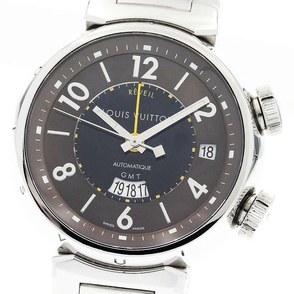 LOUIS VUITTON TAMBOUR GMT REVEIL ALARM AUTOMATIC WATCH: LOUIS VUITTON Tambour GMT Reveil Alarm Automatic Watch Brand: LOUIS VUITTON Type/Style: Wristwatch Material: Band Material Stainless Steel, Case Material Stainless Steel Color: Dial Color Black / brow