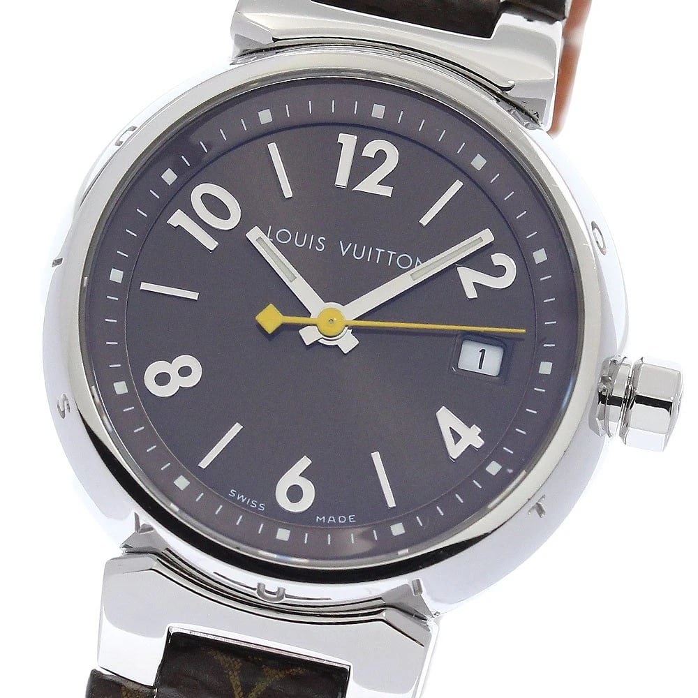 LOUIS VUITTON TAMBOUR DATE BROWN DIAL QUARTZ WATCH: LOUIS VUITTON Tambour Date Brown Dial Quartz Watch Brand: LOUIS VUITTON Type/Style: Wristwatch Material: Band Material leather, Case Material Stainless Steel Color: Dial Color Brown Size: Case Size Ab